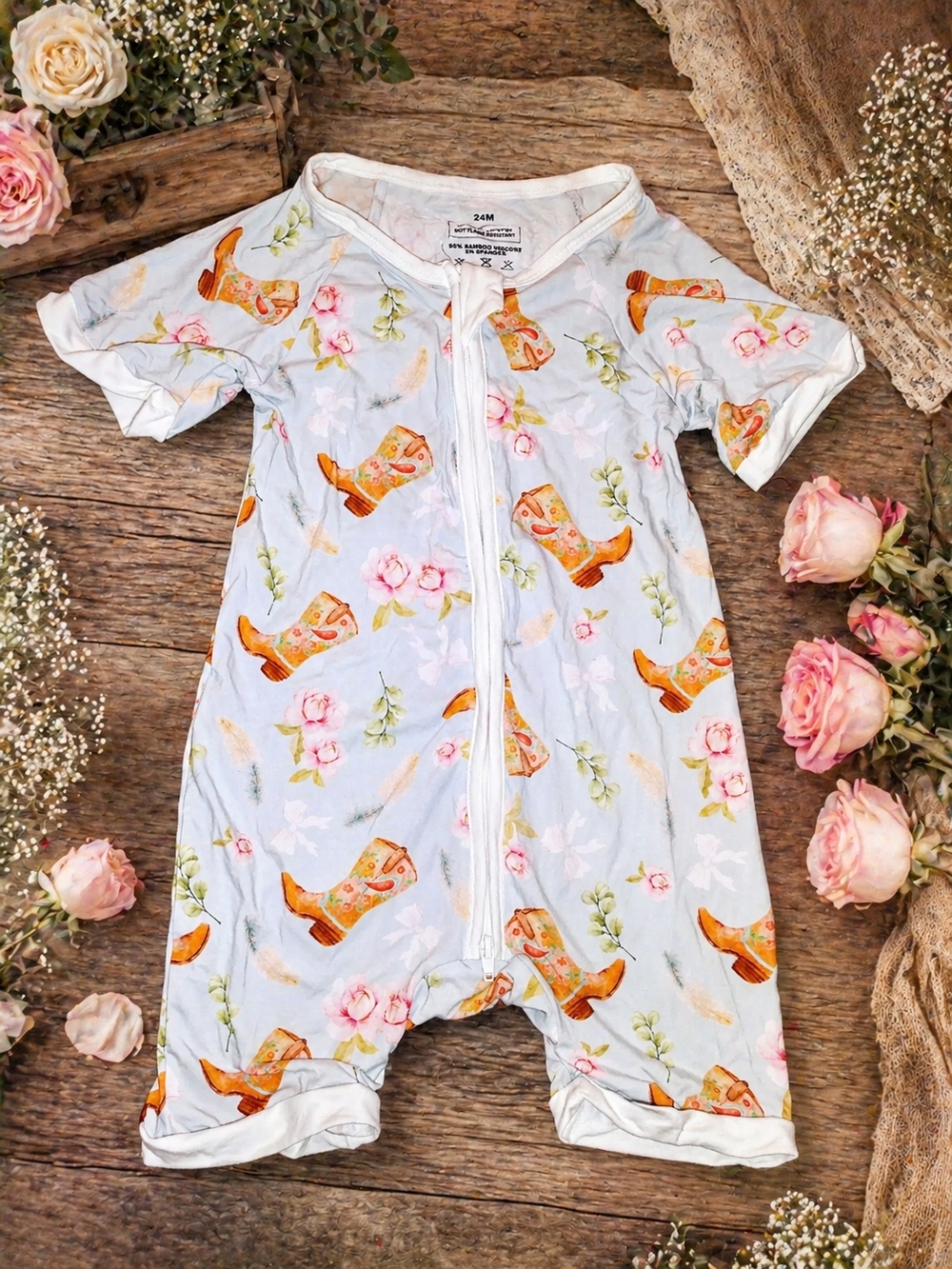 NWOT Blue Baby Bamboo Romper with Floral & Cowboy Boot Print